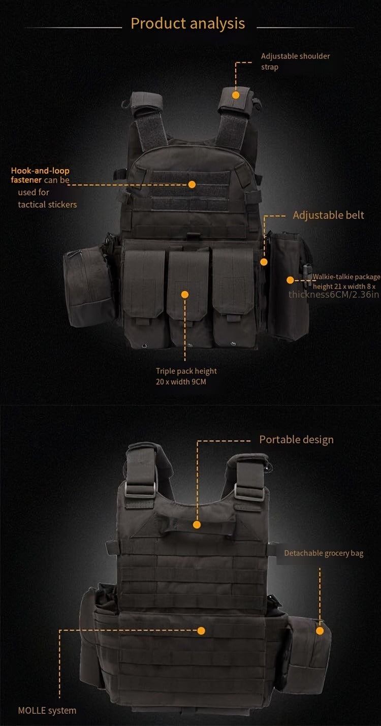 Tactical MOLLE Vest 6094 Adjustable Combat Chest Rig with Multi-Pocket System for Outdoor Hunting Training Airsoft CS Wargame Hiking Camping