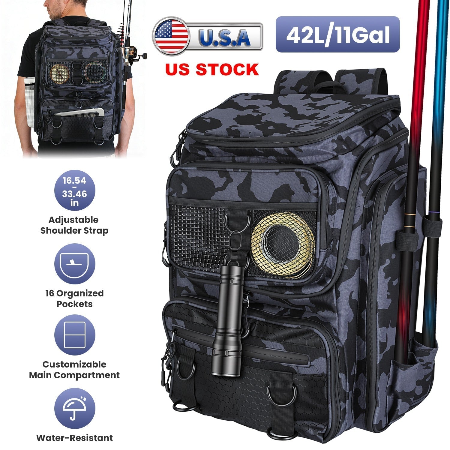 Fishing Backpack 42L with Rod Holders & 16 Pockets