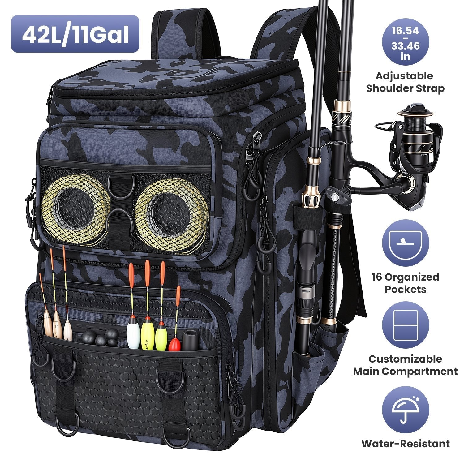 Fishing Backpack 42L with Rod Holders & 16 Pockets