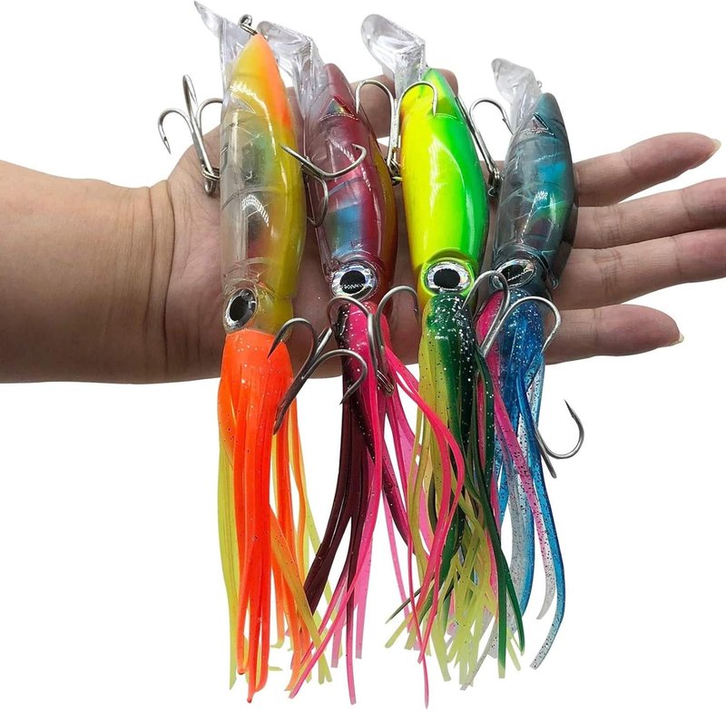 Large Simulation Squid Fishing Lures Bait Kit - 4Pcs with 3D Holographic Eyes & Built-in Multicolored Lead Blocks