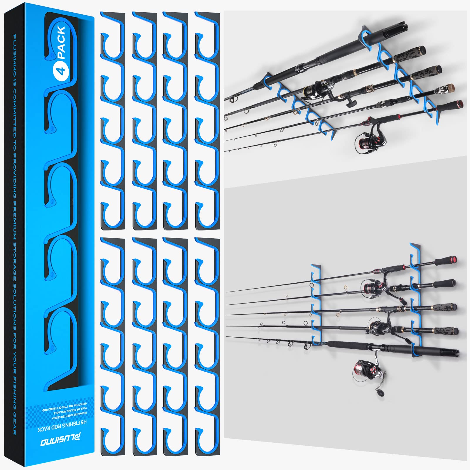 PLUSINNO H5 Horizontal Fishing Rod/Pole Holders for Garage, Wall or Ceiling Mounted Fishing Rod Rack, Aviation Aluminum Fishing Pole Holder Holds up to 20 Rod or Combos Fishing Gear and Gifts for Men
