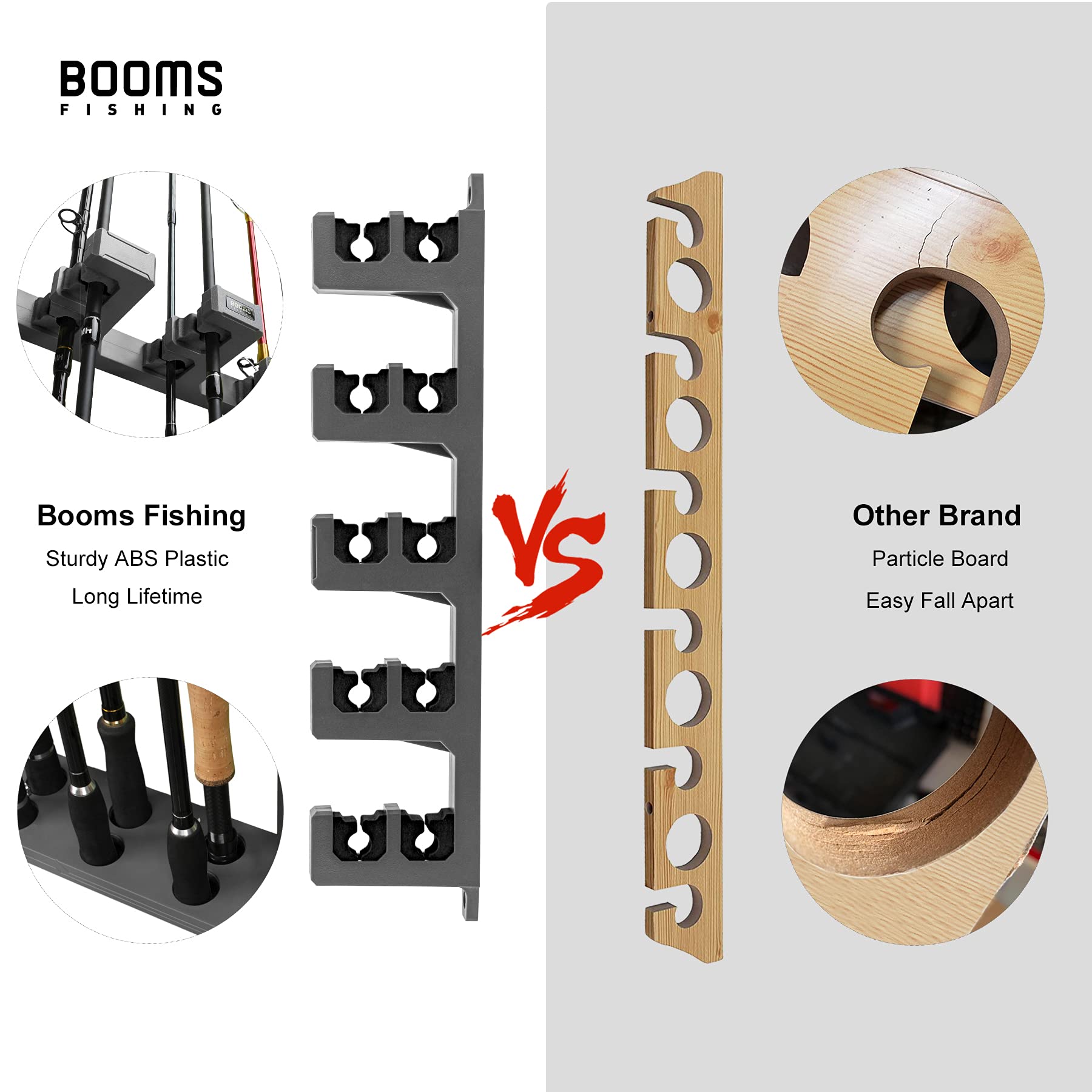 Booms Fishing Rod Holder for Garage: Wall Mount Fishing Pole Holders for Garage | Fishing Rod Rack Holds Up to 10 Rods, Vertical/Horizontal/Ceiling Fishing Pole Racks, WV4 Gray + Black