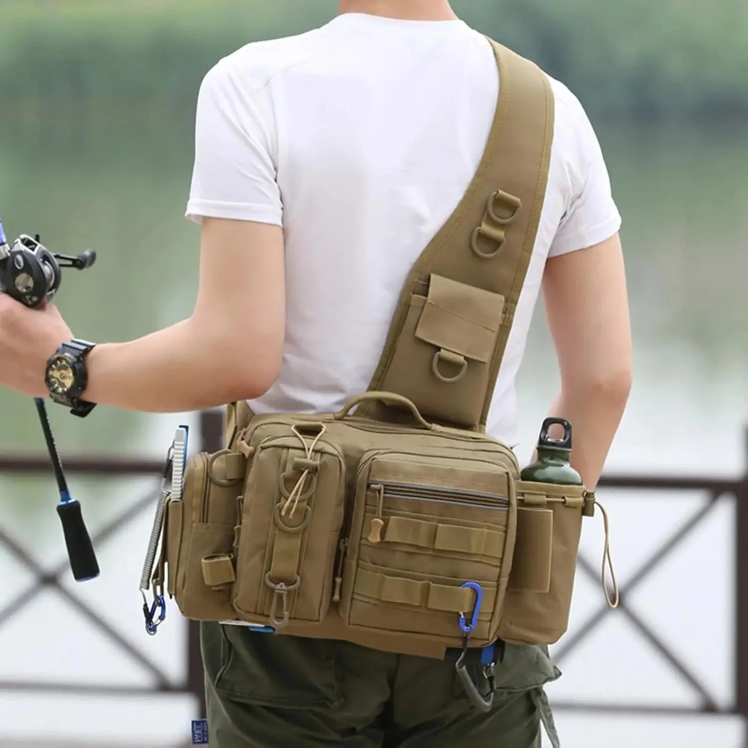 Fishing Tackle Backpack & Crossbody Bag with Rod Holder