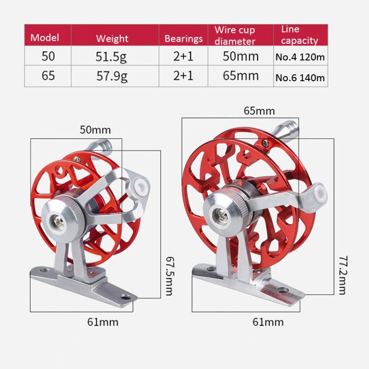 Ice Fishing Raft Reel Fly Reel With Base All Metal Hollow Fishing Tackle, 50mm Red, 50mm Gold, 65mm Red, 65mm Purple, 65mm Gold