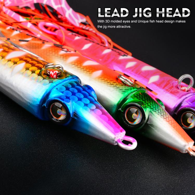 PROBEROS Luminous Squid Jigging Lures Vertical Saltwater Jigs with Silicone Skirt Laser Coating Metal Sinking Fishing Lures, 40G, 60G, 80G, 100G, 120G, 150G, 200G