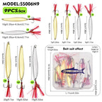 PROBEROS 9pcs /Box Fishing Spoons Lure Set Metal Willow Leaf Spinner Baits with Blood Groove Treble Hooks