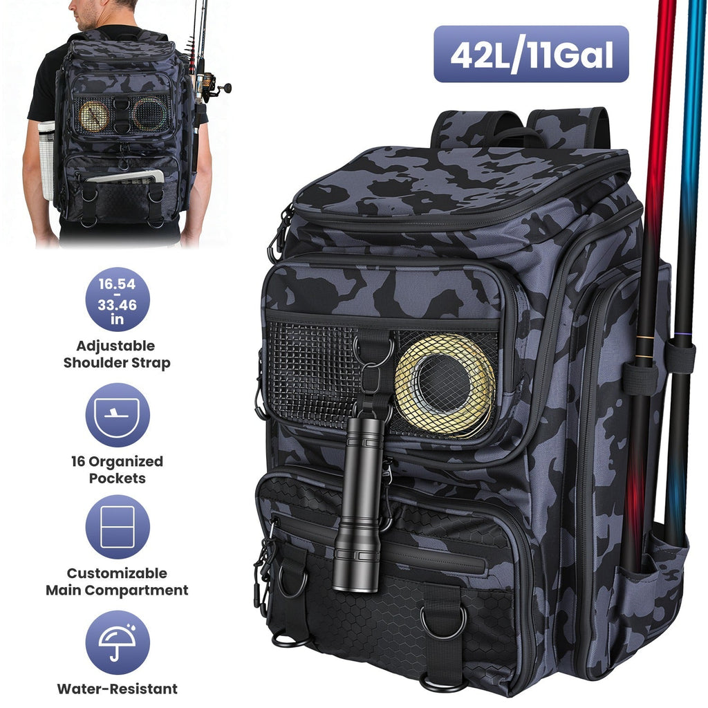Fishing Backpack 42L with Rod Holders & 16 Pockets
