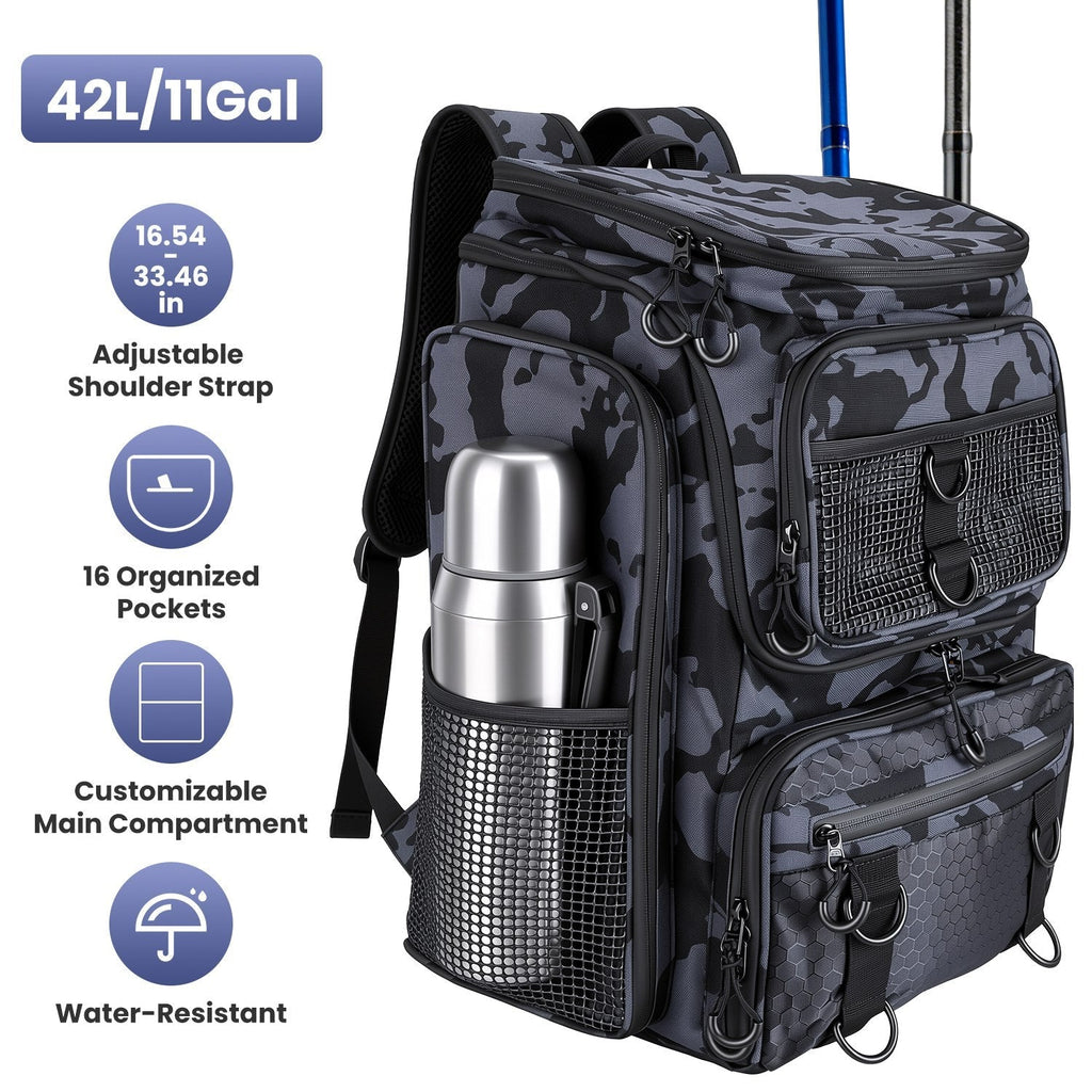 Fishing Backpack 42L with Rod Holders & 16 Pockets