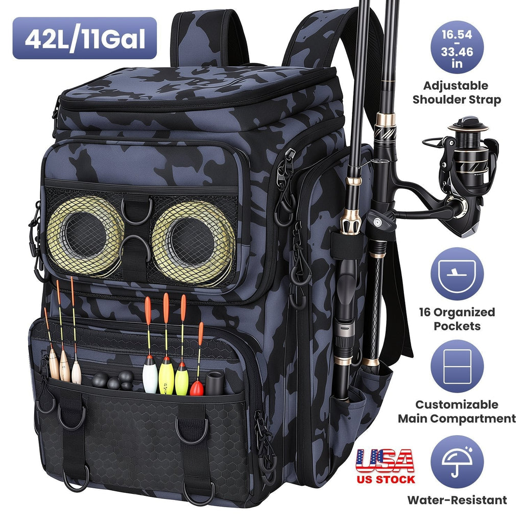 Fishing Backpack 42L with Rod Holders & 16 Pockets