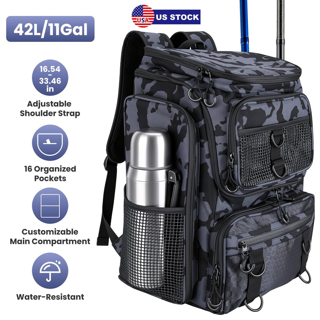 Fishing Backpack 42L with Rod Holders & 16 Pockets
